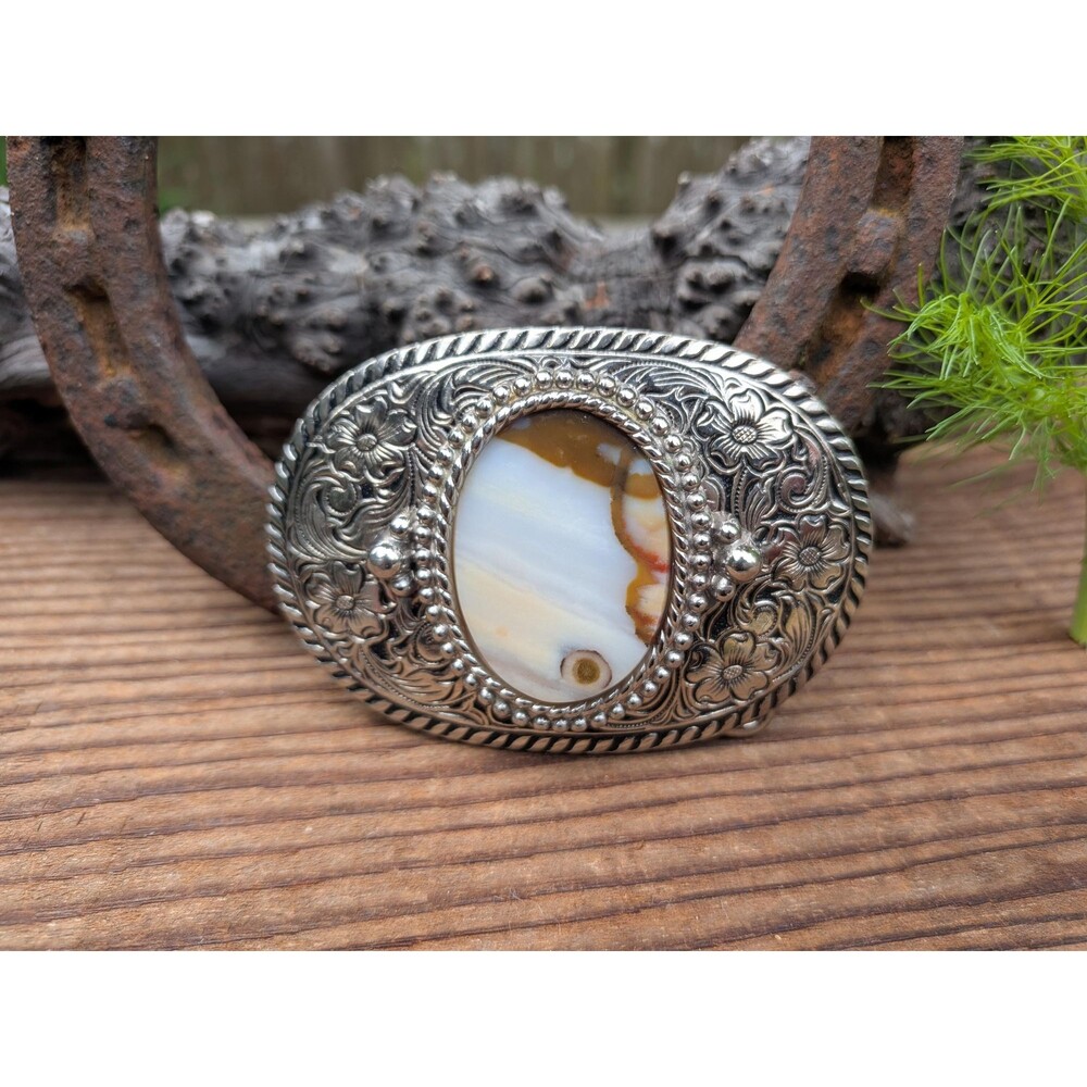 Vintage 80s Jasper Picture Stone Western Belt Buckle – Silver Tone Oval Tooling